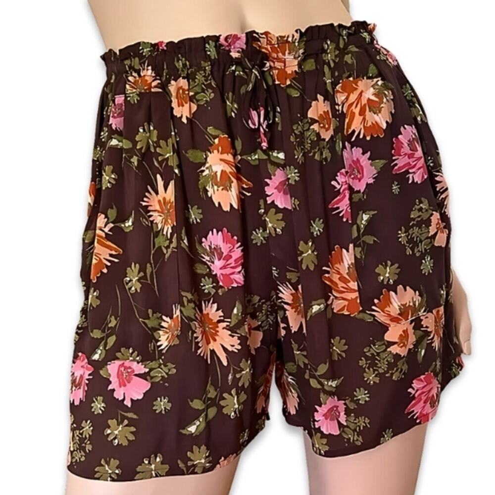 DR2 By Daniel Rainn Culottes Shorts Side Pocket Drawstring Floral Brown W L NWT